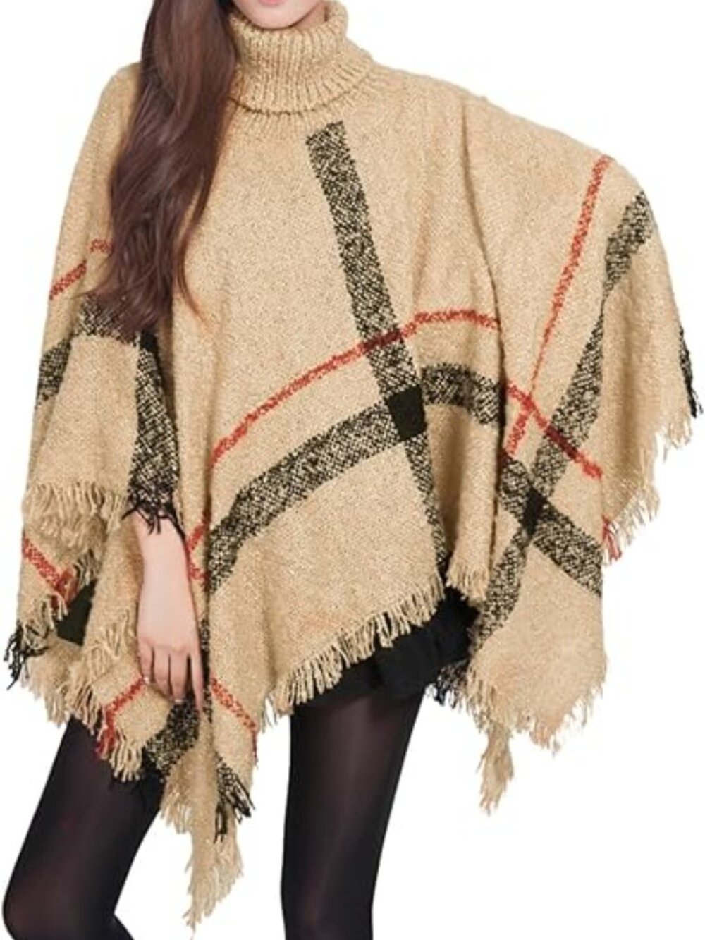 Ultra Soft Plaid Turtleneck Poncho (Burberry Style Pattern) O/S